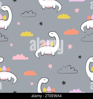 Seamless colorful childish pattern with cute dinosaurs. Vector baby illustration Stock Vector