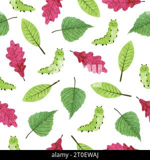 Сaterpillars and leaves seamless pattern. Vector watercolor illustration with cute worms. Stock Vector
