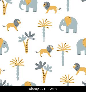 Seamless safari pattern with cute animals, elephant and lion. Vector Africa illustration for kids Stock Vector