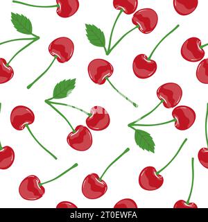 Cherry pattern. Seamless vector berry background with red cherry and leaves. Stock Vector