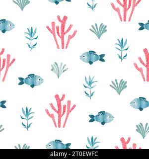 Seamless sea fish pattern. Underwater life background. Watercolor fish and seaweeds vector illustration Stock Vector