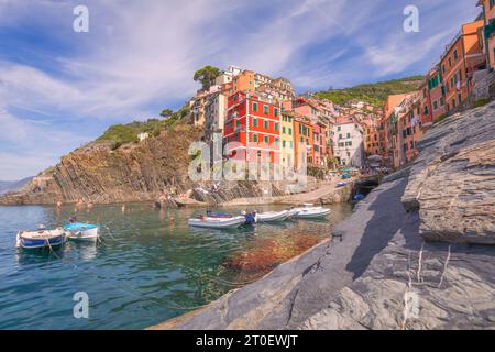 Italy, Liguria, province of La Spezia, Riomaggiore, small coastal village along Cinque Terre Stock Photo