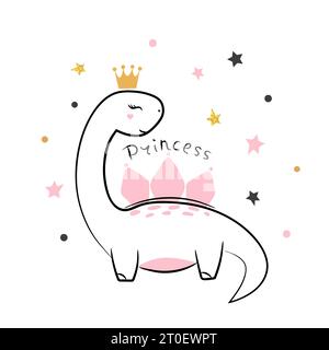 Dinosaur girl princess cute vector illustration. Dino cartoon baby print Stock Vector