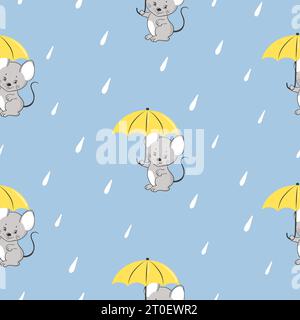 Seamless rain pattern with cute little mouse with umbrella. Vector background for kids Stock Vector
