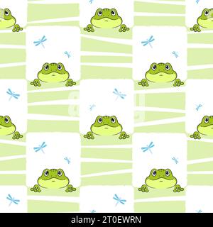 Seamless green frog pattern. Vector illustration with frogs and dragonflies. Textile, fabric design Stock Vector