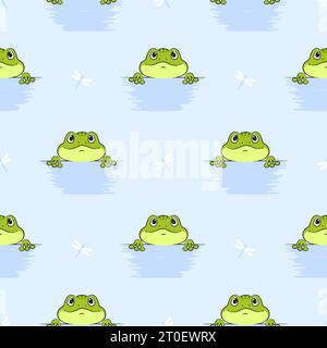 Cartoon frog pattern. Seamless vector background with cute frogs. Stock Vector