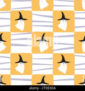Halloween pattern with cute ghosts in witch hats. Vector childish illustration Stock Vector