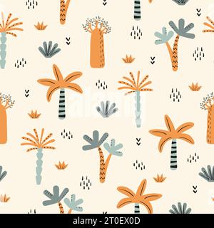 Seamless tropical jungle pattern with cute palm trees. Vector childish Africa illustration Stock Vector