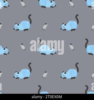 Seamless vector pattern with cute cats and pink mice.	Cat and mouse vector illustration. Stock Vector