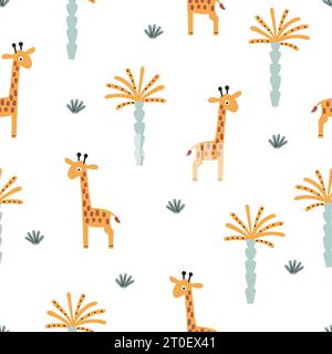 Cartoon giraffe and palms pattern. Vector childish seamless illustration Stock Vector