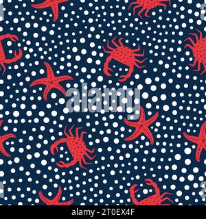 Seamless marine pattern with red starfish and crab. Vector sea animal background. Stock Vector