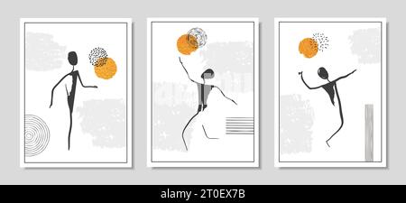 Volleyball players set. Abstract sport wall art vector illustration. Posters with man and ball. Stock Vector