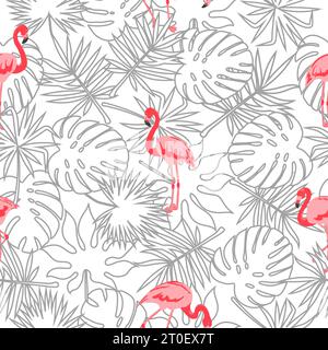 Seamless tropical trendy pattern with cute flamingo  and exotic leaves. Vector summer illustration Stock Vector