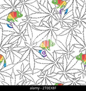 Seamless pattern with cute colorful chameleons and cannabis leaves. Stock Vector