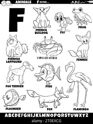 Cartoon illustration of animal characters set for letter F coloring page Stock Vector