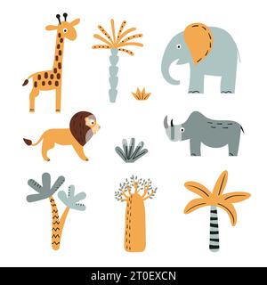 Africa set with cute safari animals and trees for kids design. Baby print. Vector illustration of lion, elephant, rhino and giraffe. Stock Vector