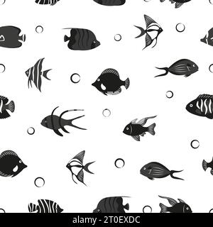 Fish pattern. Seamless black and white sea fish silhouette vector illustration. Stock Vector