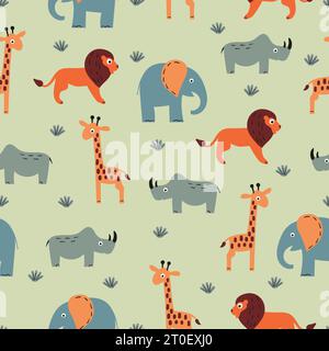 Seamless childish pattern with cute safari animals. Vector Africa illustration. Stock Vector