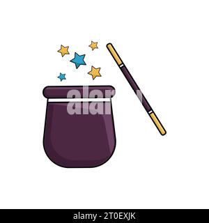 Magic hat and wizard wand with blinking stars. Magical spell illustration Stock Vector