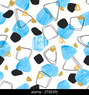 Seamless abstract geometric pattern with blue watercolor shapes. Vector background Stock Vector