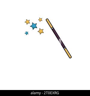 Magic hat and wizard wand with blinking stars. Magical spell illustration Stock Vector