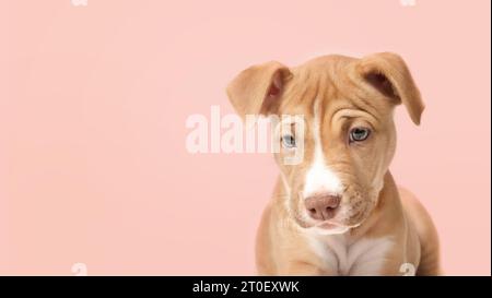 Head shot of puppy dog on colored background. Front view cute puppy dog looking at something down. Beige boxer pitbull mix, 12 weeks old, fawn color. Stock Photo