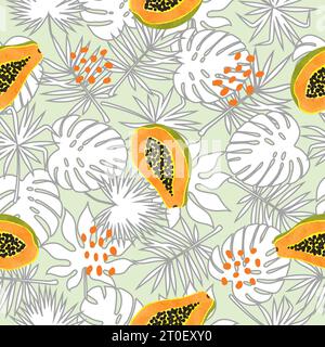 Tropical fruit pattern with watercolor papaya and exotic leaves. Vector seamless tropic illustration. Stock Vector