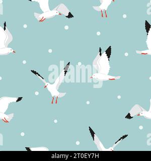 Seamless seagull pattern. Cartoon flying marine birds vector background. Stock Vector