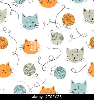 Seamless cute cats and balls of yarn pattern. Baby print, kids design Stock Vector