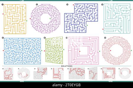 Illustration of maze puzzle activities graphs set with solutions Stock Vector