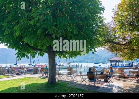 Unterach am Attersee, lake Attersee, harbor, sails boats, people at tables in Salzkammergut, Upper Austria, Austria Stock Photo