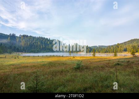 Tamsweg, morning mist on lake Prebersee, hut for shooting water targets in Lungau, Salzburg, Austria Stock Photo