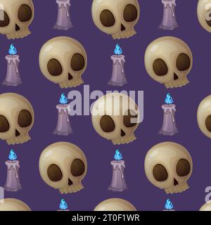 Halloween skull and candle seamless pattern on purple background. Stock vector illustration isolated in cartoon style. Stock Vector