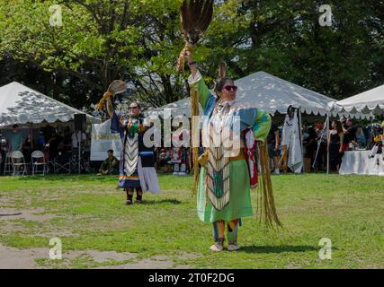 Traditional Pow Wow in recognition of Canada’s National Indigenous Peoples Day. day of dancing, drumming and performances. Woman dancing Stock Photo