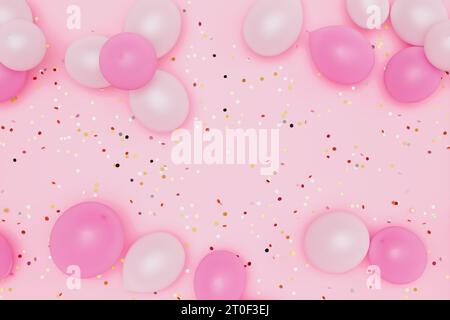 Pastel pink and pearl balloons lying on the bright pink floor covered by golden glitter or confetti. Perfect template for birthdays, anniversary celeb Stock Photo