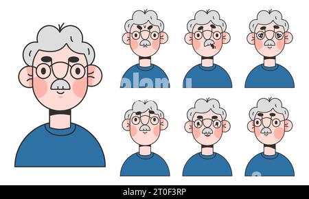 Cute elderly man character emotions construction Stock Vector
