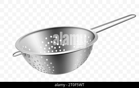 Metallic colander for cooking (kitchenware collection). Isolated on transparent background. Realistic 3D vector illustration. Utensils for cooking Stock Vector