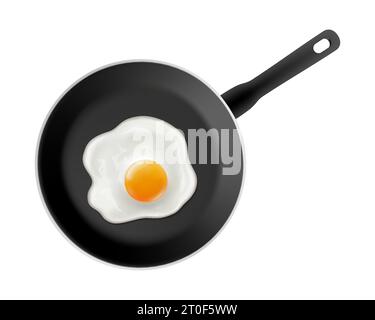 Tasty fried chicken eggs on frying pan isolated on white background. Scrambled eggs in a black non-stick pan Realistic 3d vector illustration Stock Vector