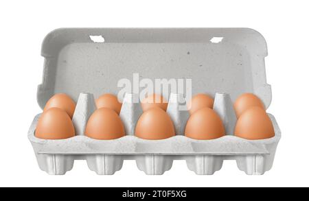 Open egg box with ten brown eggs isolated on white background. Fresh organic chicken eggs in carton pack or egg container or tray. Realistic 3d vector Stock Vector