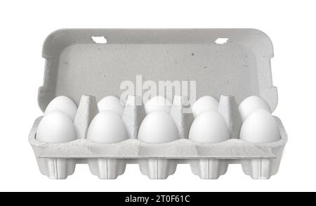 Open egg box with ten white eggs isolated on white background. Fresh organic chicken eggs in carton pack or egg container or tray. Realistic 3d vector Stock Vector