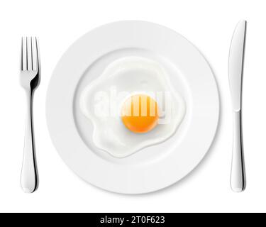 Plate with delicious fried egg and stainless steel cutlery, fork and knife, isolated on white background. Realistic 3D vector illustration. delicious Stock Vector