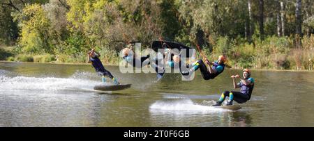 Sportsman on wakeboard performing back roll inversion on the river. Collage of serial shooting Stock Photo