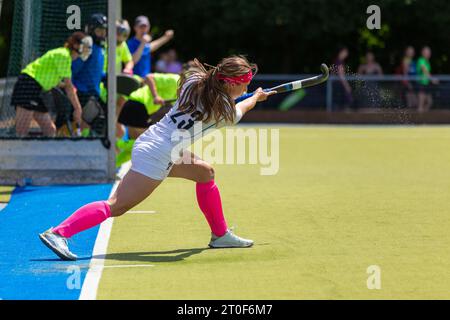 Young female field hockey player performing short corner Stock Photo