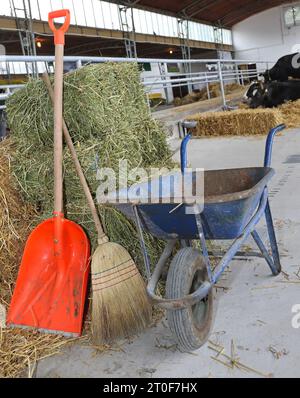 Wheelbarrow Cart Shovel and Broom in Stable at Farm Stock Photo