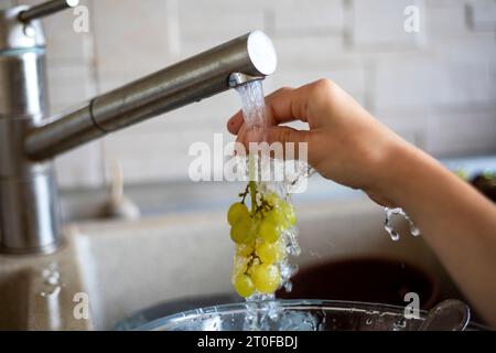 child washes a bunch of green ripe grapes under running tap water Stock Photo