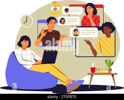 Remote meetings concept. Video conference, remote work concept. Vector illustration. Flat. Stock Vector