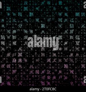 Letters Matrix Background. Random Characters of Chinese Traditional Alphabet. Gradiented matrix pattern. Teal purple color theme backgrounds. Stock Vector