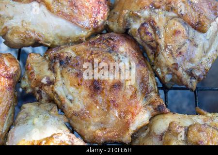 smoked chicken meat on a grid in the nature Stock Photo