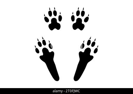 Rabbit or hare paw footprint. Silhouette of four paws, hind and front. Black vector isolated on white. Paw step print of fluffy bunny, hare or pika. I Stock Vector