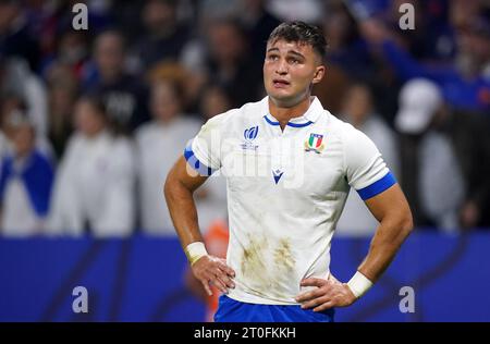 Italy's Lorenzo Pani appears dejected after during the Rugby World Cup 2023, Pool A match at OL Stadium in Lyon, France. Picture date: Friday October 6, 2023. Stock Photo